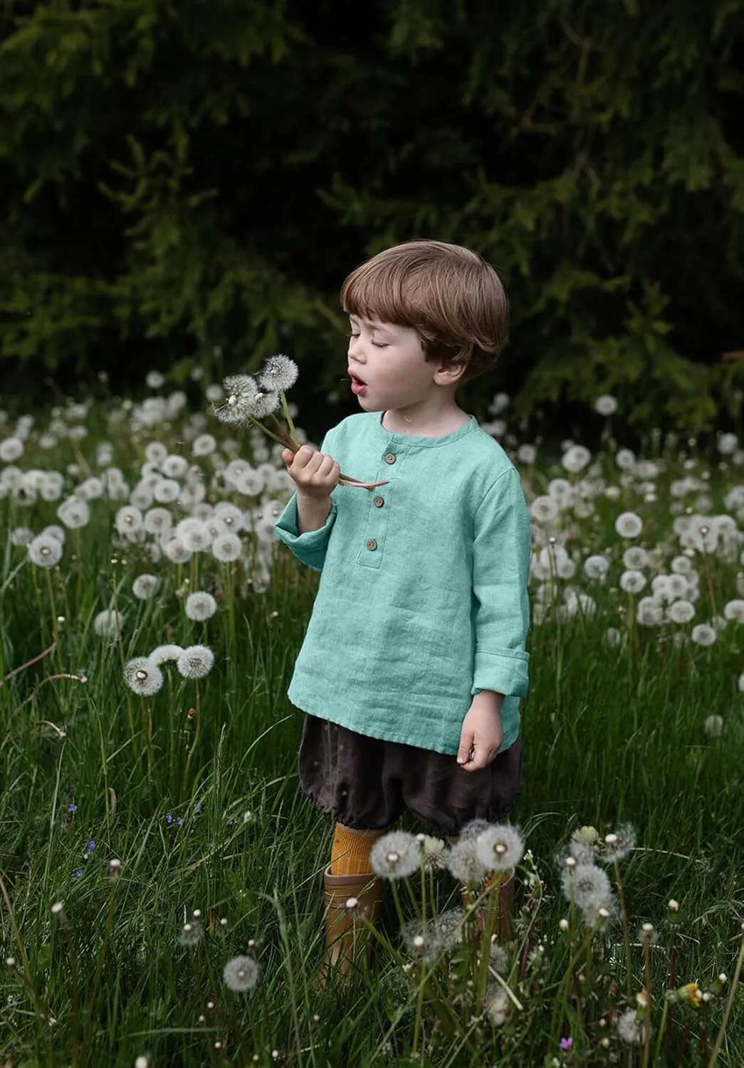 Boys Linen Henley Shirt for Kids Button Down Long Sleeve Dress Shirts Summer Beach Casual T Shirt