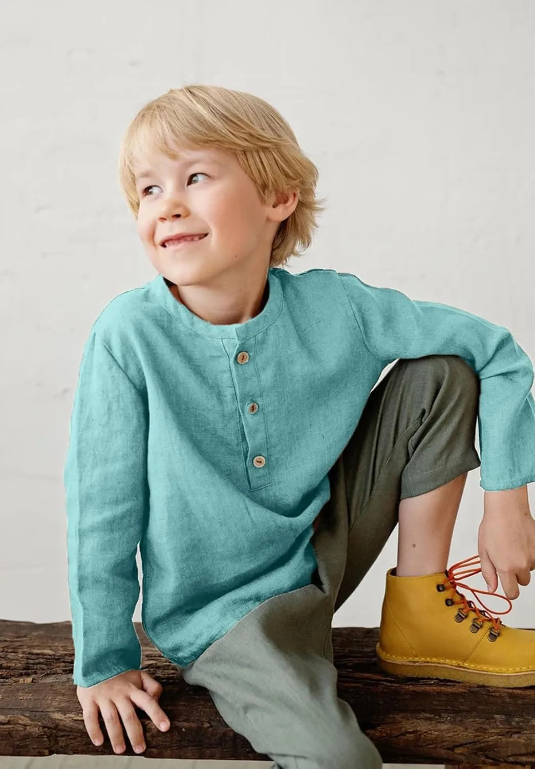 Boys Linen Henley Shirt for Kids Button Down Long Sleeve Dress Shirts Summer Beach Casual T Shirt