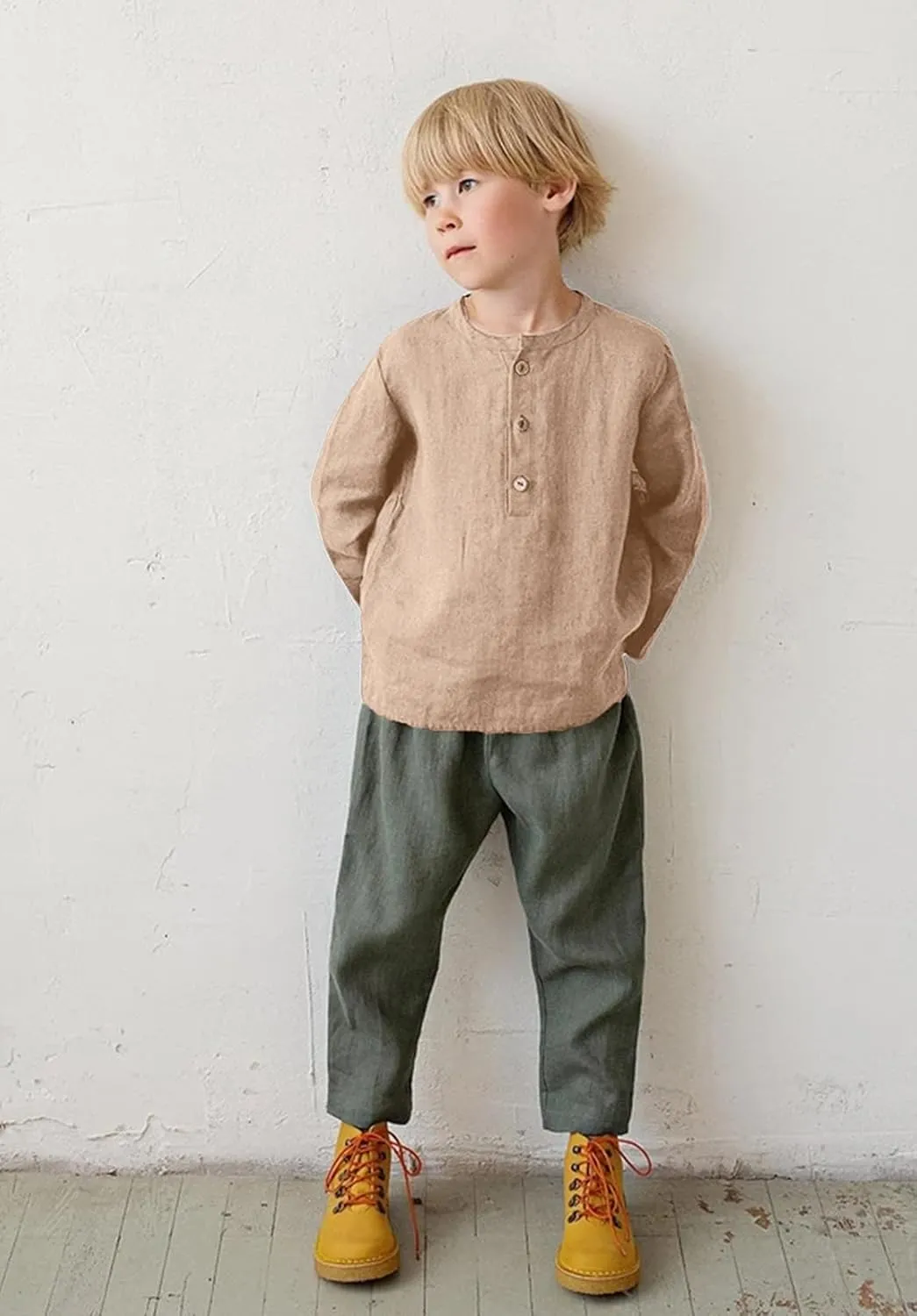 Boys Linen Henley Shirt for Kids Button Down Long Sleeve Dress Shirts Summer Beach Casual T Shirt