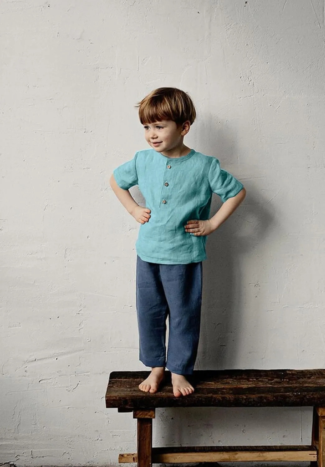 Boys Linen Henley Shirt for Kids Button Down Long Sleeve Dress Shirts Summer Beach Casual T Shirt