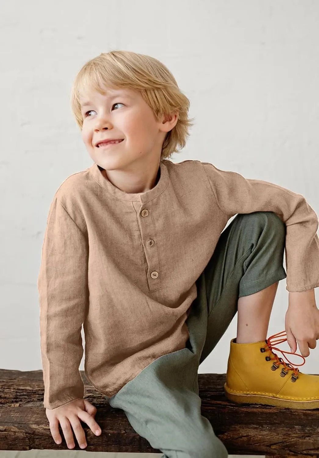 Boys Linen Henley Shirt for Kids Button Down Long Sleeve Dress Shirts Summer Beach Casual T Shirt
