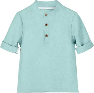 Boys Linen Henley Shirt for Kids Button Down Long Sleeve Dress Shirts Summer Beach Casual T Shirt