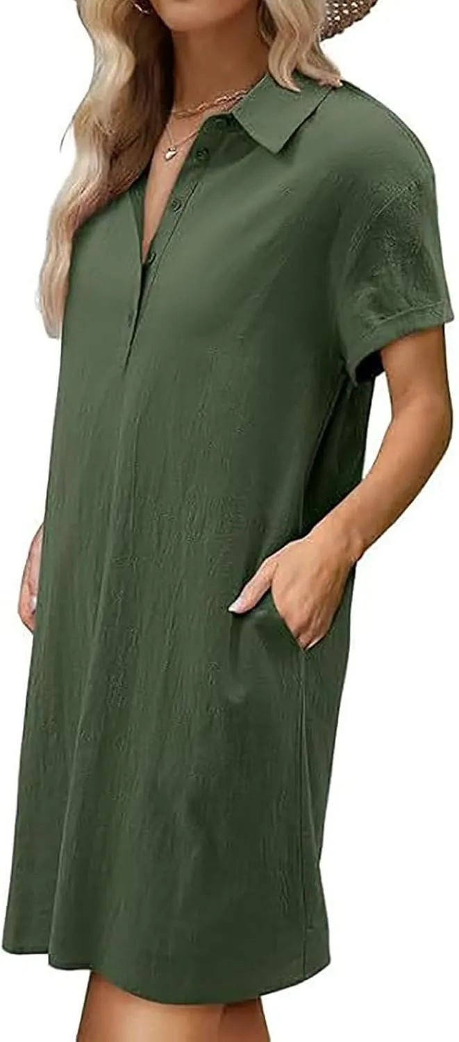 Button Down Dress for Women Cotton Linen Shirt Dress Summer Casual Short Sleeve Beach Cover Up Shirts with Pockets