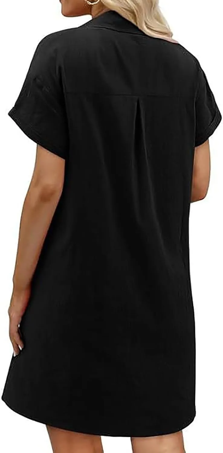 Button Down Dress for Women Cotton Linen Shirt Dress Summer Casual Short Sleeve Beach Cover Up Shirts with Pockets