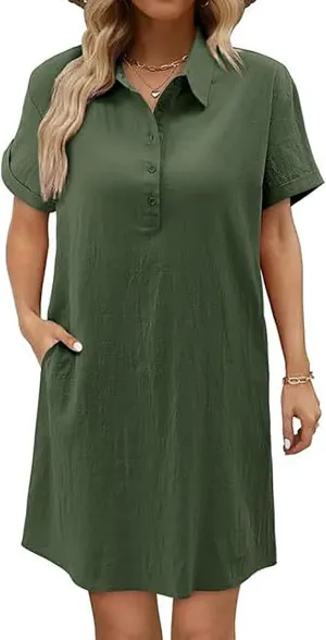 Button Down Dress for Women Cotton Linen Shirt Dress Summer Casual Short Sleeve Beach Cover Up Shirts with Pockets
