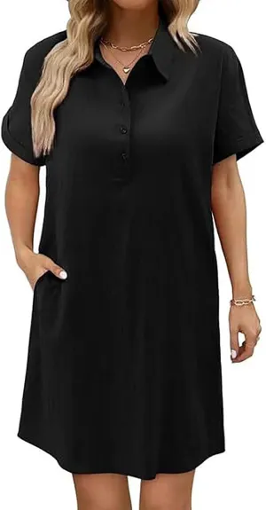 Button Down Dress for Women Cotton Linen Shirt Dress Summer Casual Short Sleeve Beach Cover Up Shirts with Pockets
