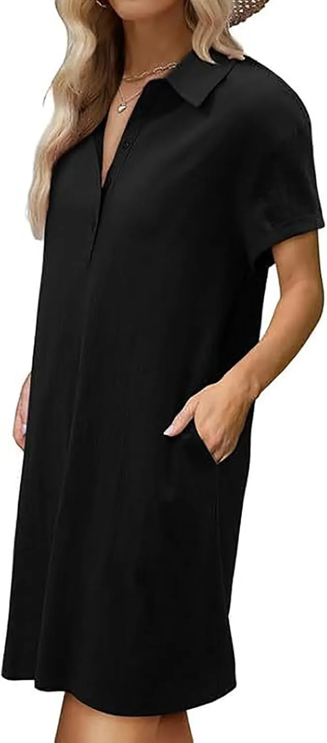 Button Down Dress for Women Cotton Linen Shirt Dress Summer Casual Short Sleeve Beach Cover Up Shirts with Pockets