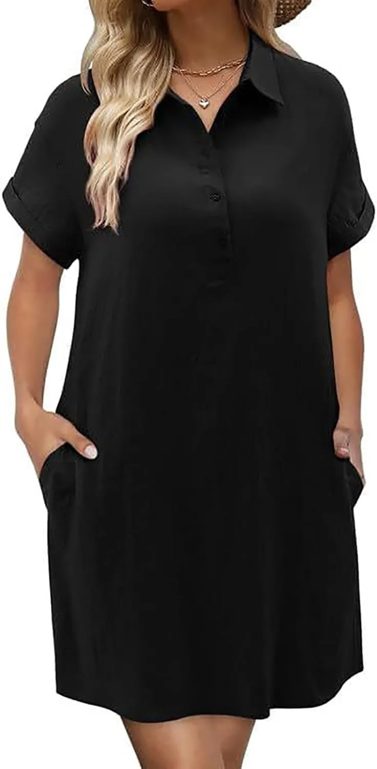Button Down Dress for Women Cotton Linen Shirt Dress Summer Casual Short Sleeve Beach Cover Up Shirts with Pockets