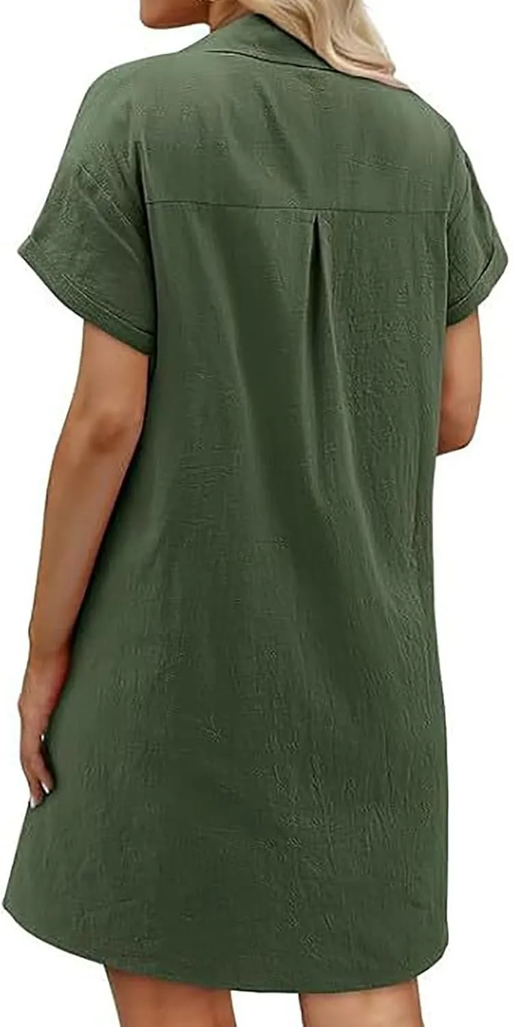 Button Down Dress for Women Cotton Linen Shirt Dress Summer Casual Short Sleeve Beach Cover Up Shirts with Pockets
