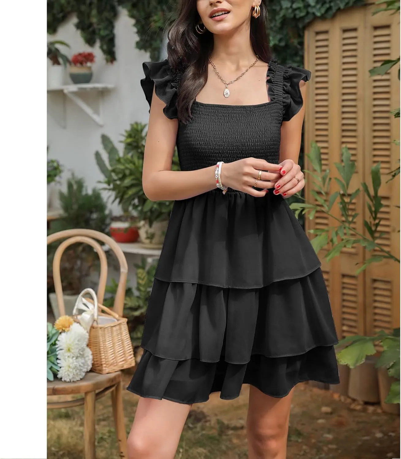 Byinns Womens Square Neck Sleeveless Ruffle Dress High Waist Backless Tiered Smocked Strappy Casual Short Mini Dresses