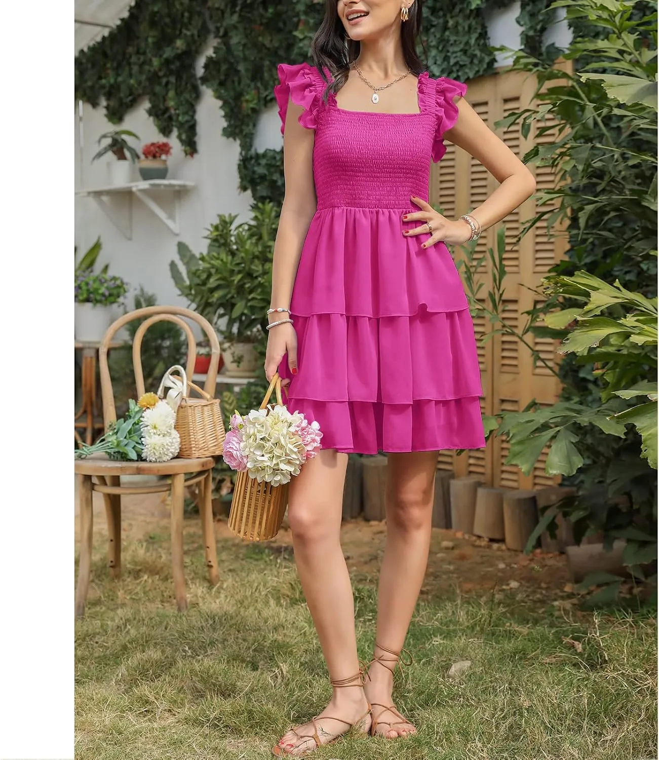 Byinns Womens Square Neck Sleeveless Ruffle Dress High Waist Backless Tiered Smocked Strappy Casual Short Mini Dresses