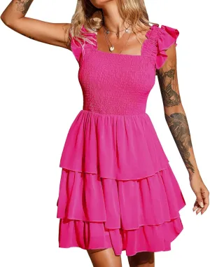 Byinns Womens Square Neck Sleeveless Ruffle Dress High Waist Backless Tiered Smocked Strappy Casual Short Mini Dresses