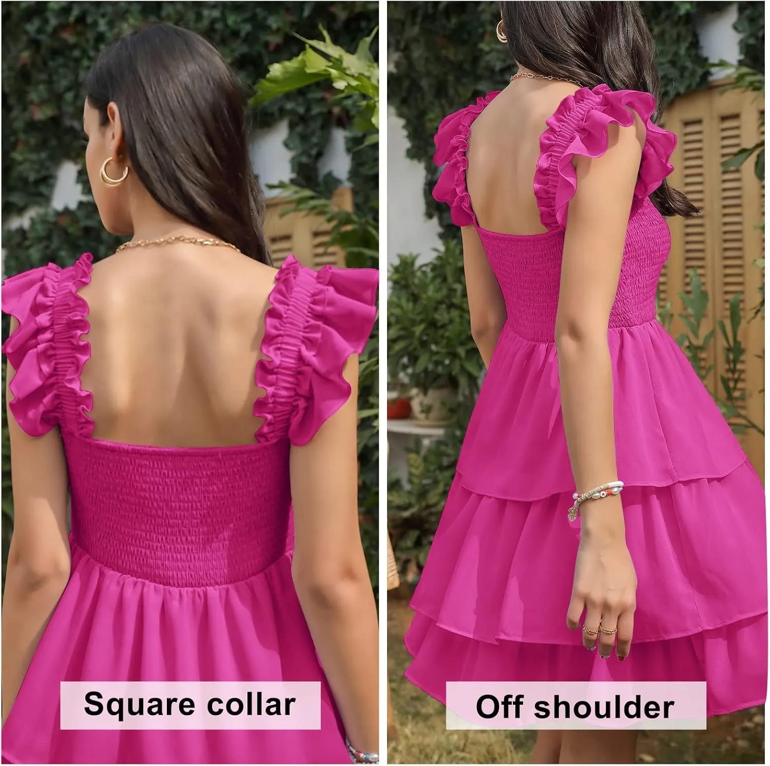 Byinns Womens Square Neck Sleeveless Ruffle Dress High Waist Backless Tiered Smocked Strappy Casual Short Mini Dresses