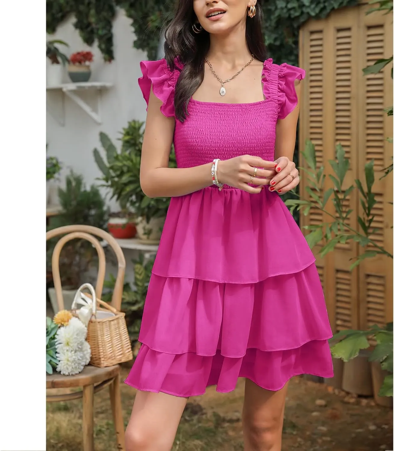 Byinns Womens Square Neck Sleeveless Ruffle Dress High Waist Backless Tiered Smocked Strappy Casual Short Mini Dresses
