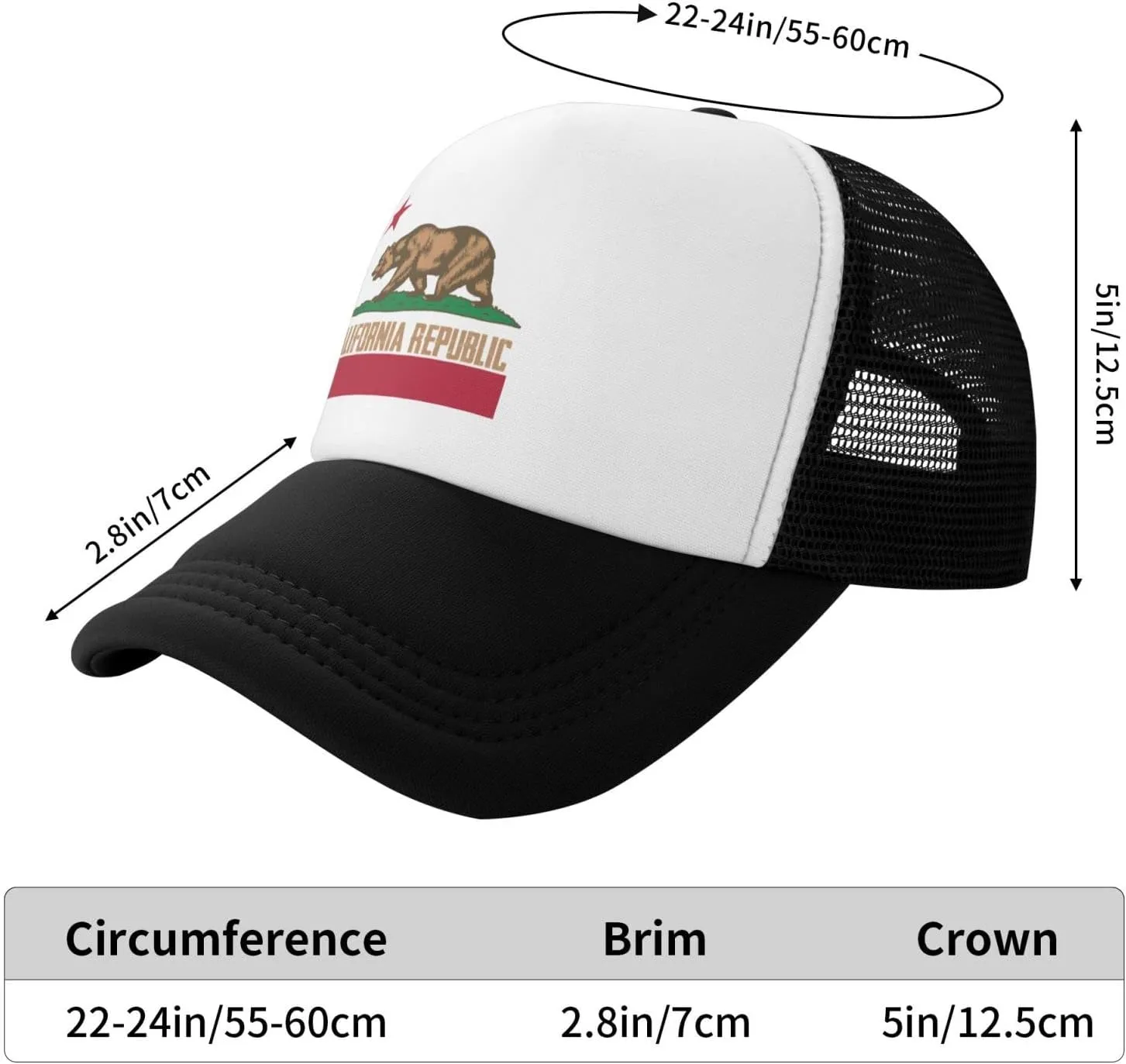 California Republic Mesh Trucker Hat Men Baseball Cap Men Ponytail Hat Women Dad Hat Adjustable Sun Hat Black