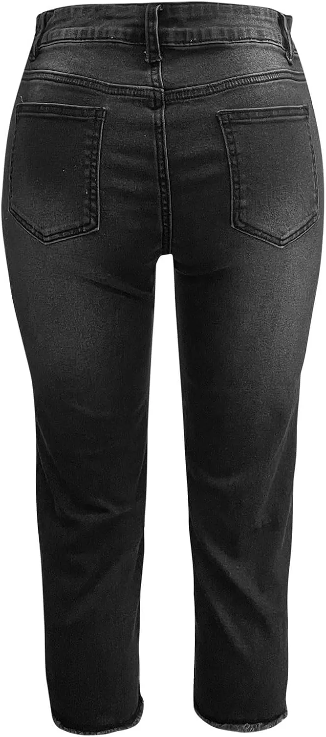 Capri Jeans for Women Stretch Stretchy Mid Rise Raw Hem Skinny Denim Butt Lifting Boyfriend Jeggings with Pockets