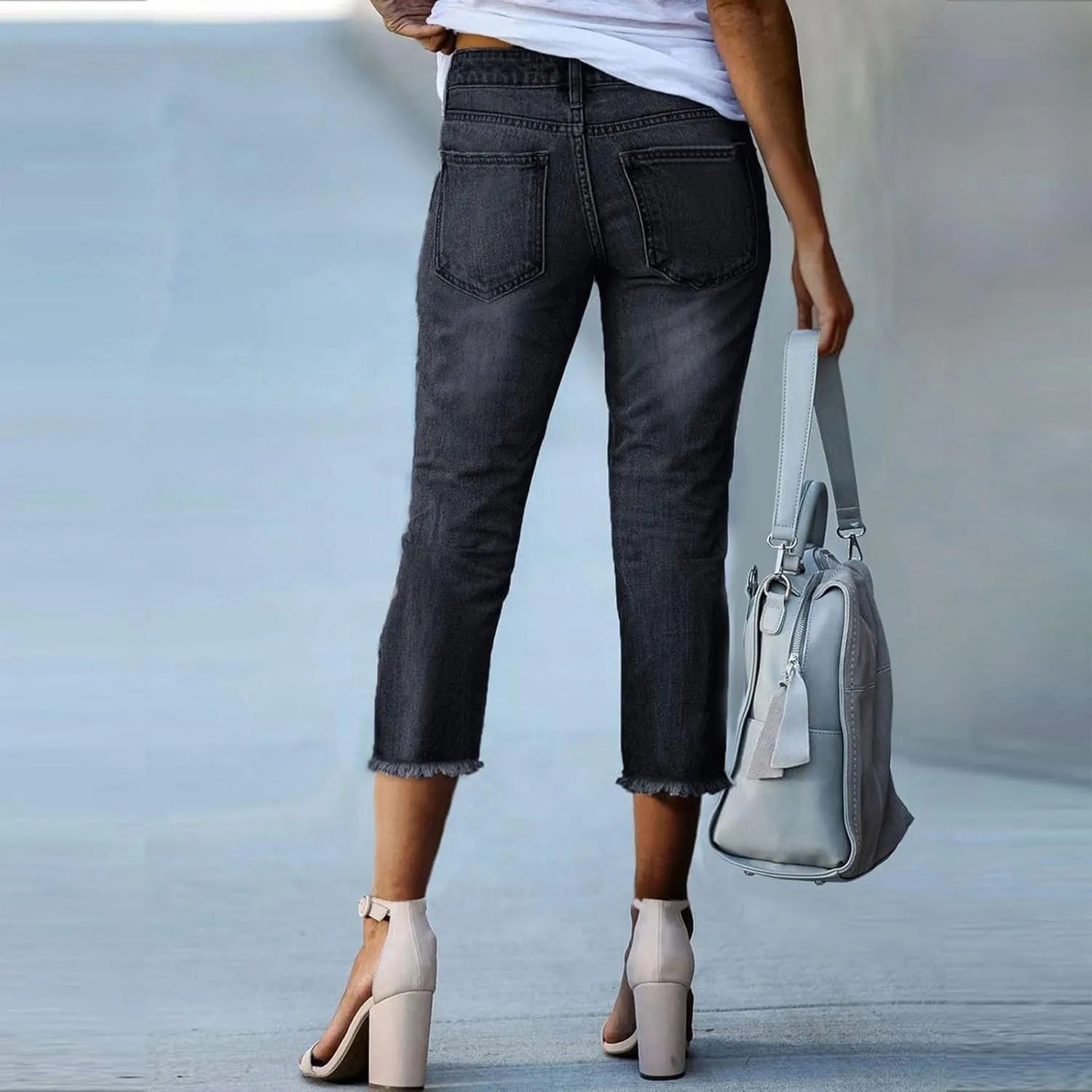 Capri Jeans for Women Stretch Stretchy Mid Rise Raw Hem Skinny Denim Butt Lifting Boyfriend Jeggings with Pockets
