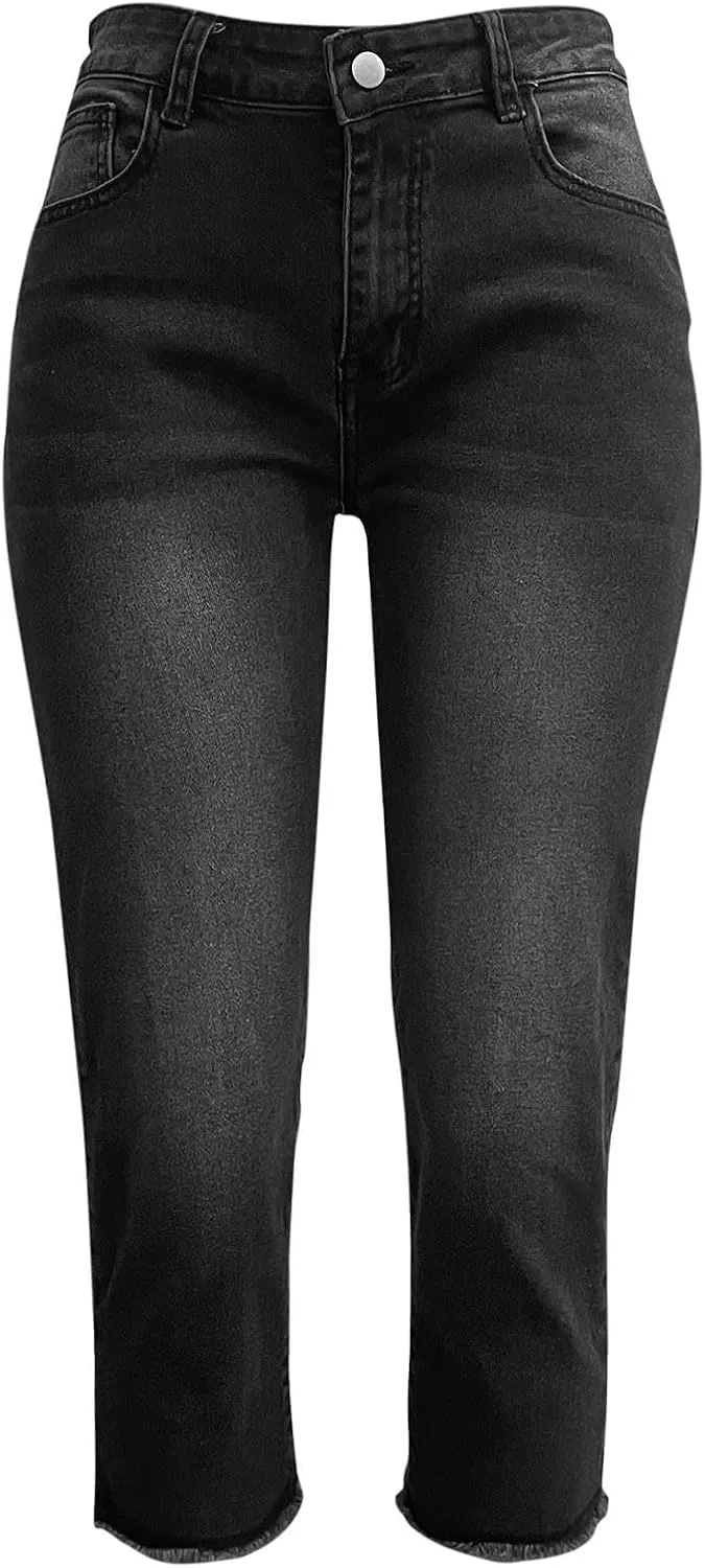 Capri Jeans for Women Stretch Stretchy Mid Rise Raw Hem Skinny Denim Butt Lifting Boyfriend Jeggings with Pockets