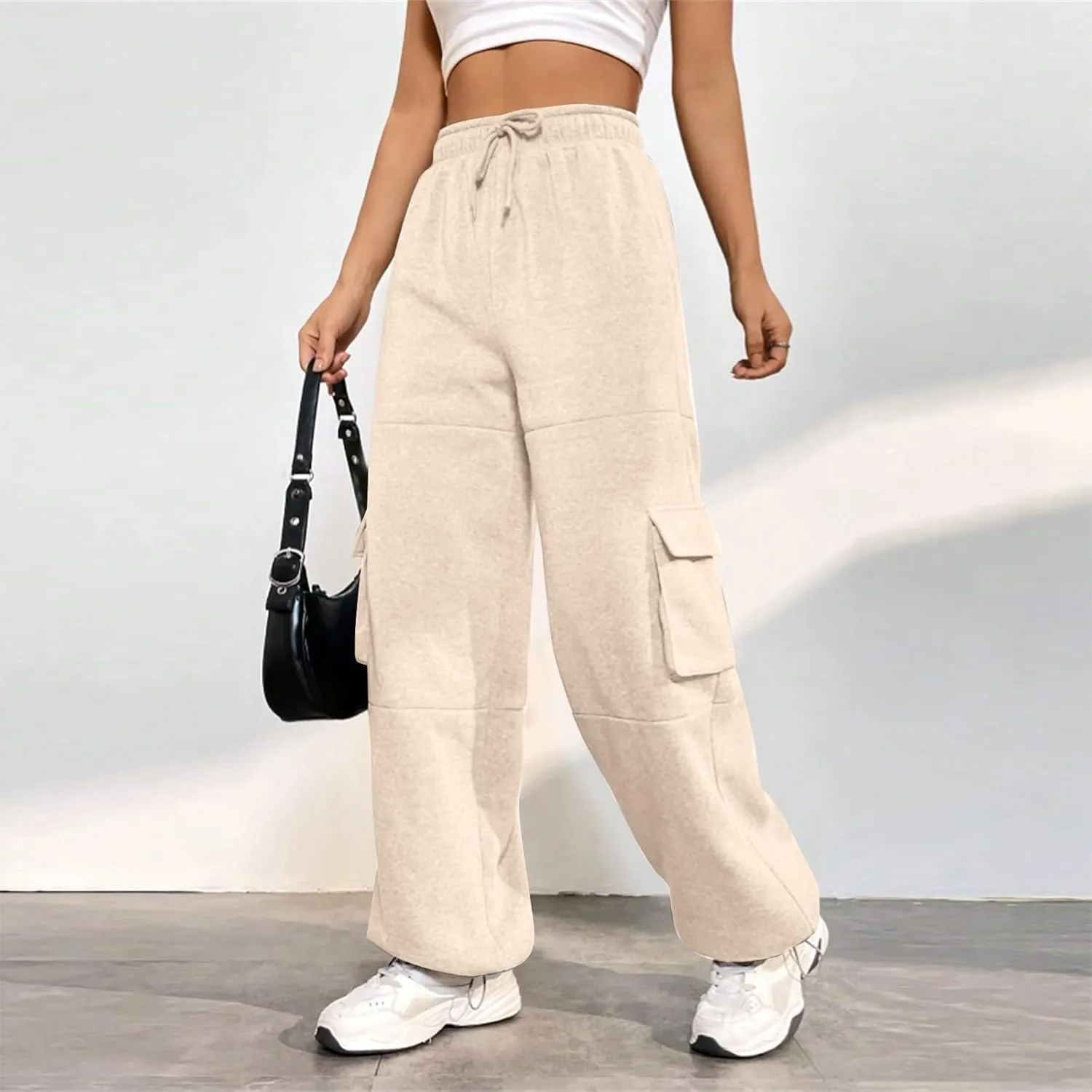 Cargo Sweatpants for Women Fleece Lined Cute Y2k Baggy Sweatpants Casual Drawstring High Waisted Joggers with Pockets