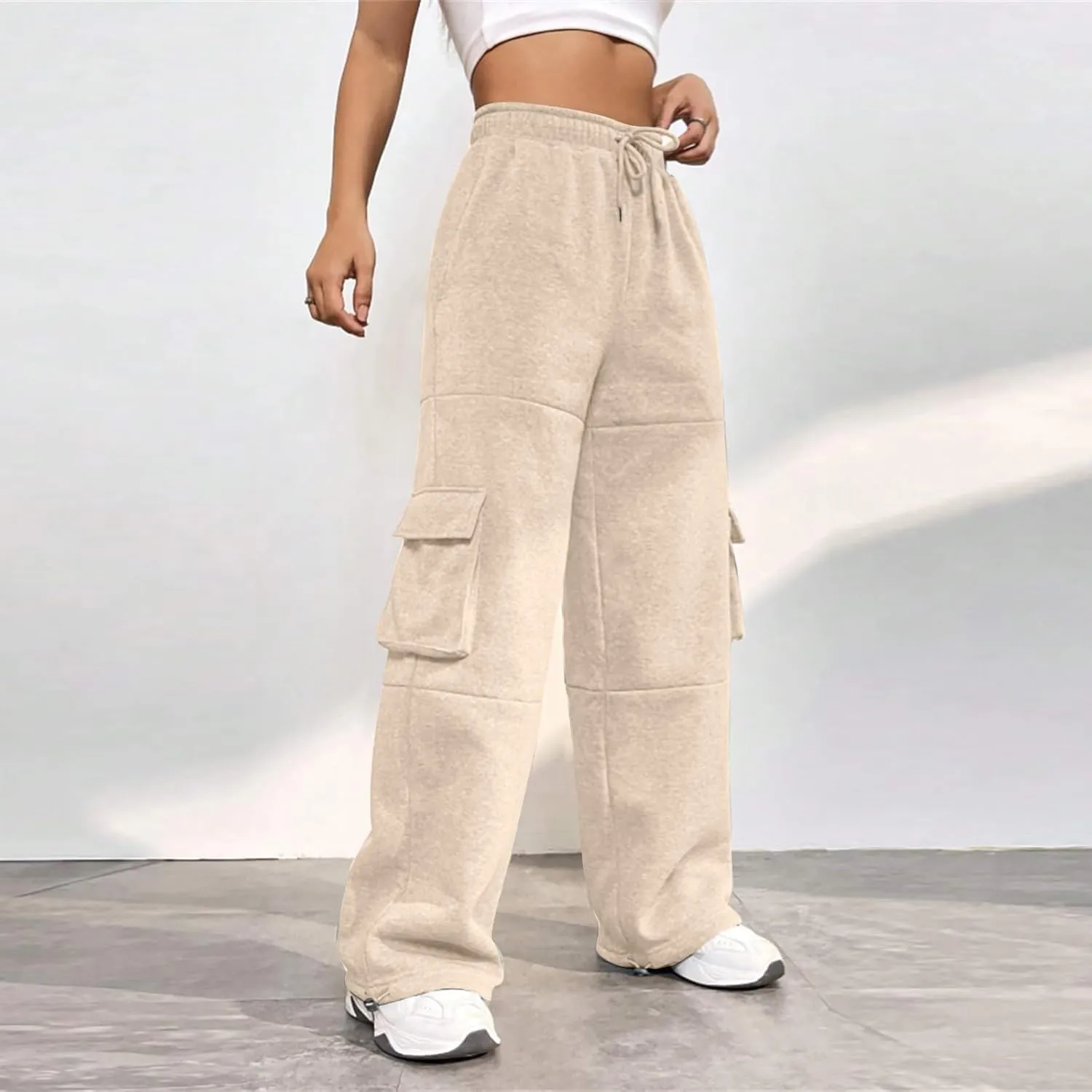 Cargo Sweatpants for Women Fleece Lined Cute Y2k Baggy Sweatpants Casual Drawstring High Waisted Joggers with Pockets