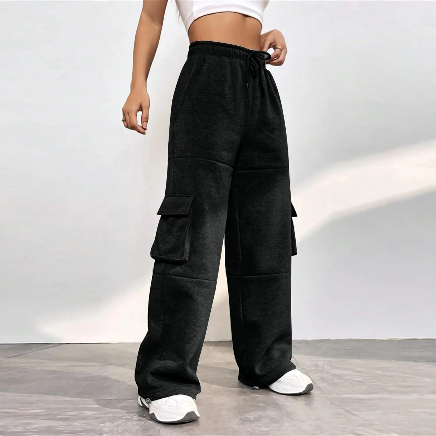 Cargo Sweatpants for Women Fleece Lined Cute Y2k Baggy Sweatpants Casual Drawstring High Waisted Joggers with Pockets