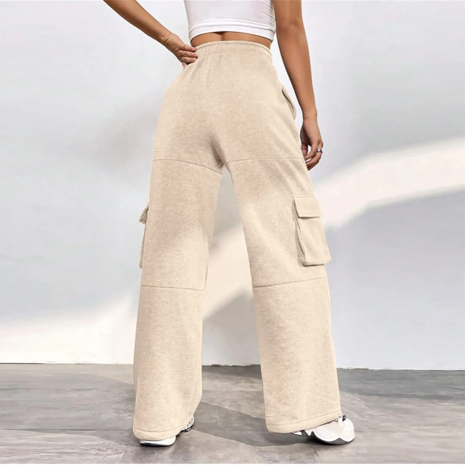 Cargo Sweatpants for Women Fleece Lined Cute Y2k Baggy Sweatpants Casual Drawstring High Waisted Joggers with Pockets