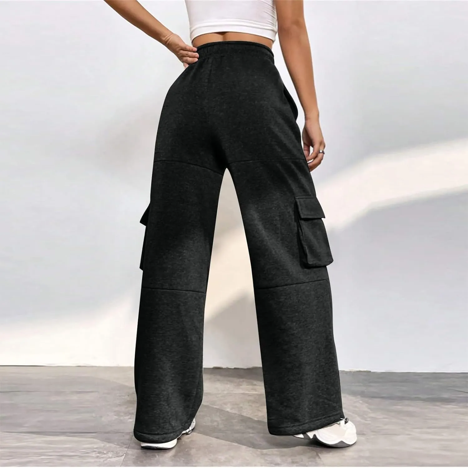 Cargo Sweatpants for Women Fleece Lined Cute Y2k Baggy Sweatpants Casual Drawstring High Waisted Joggers with Pockets