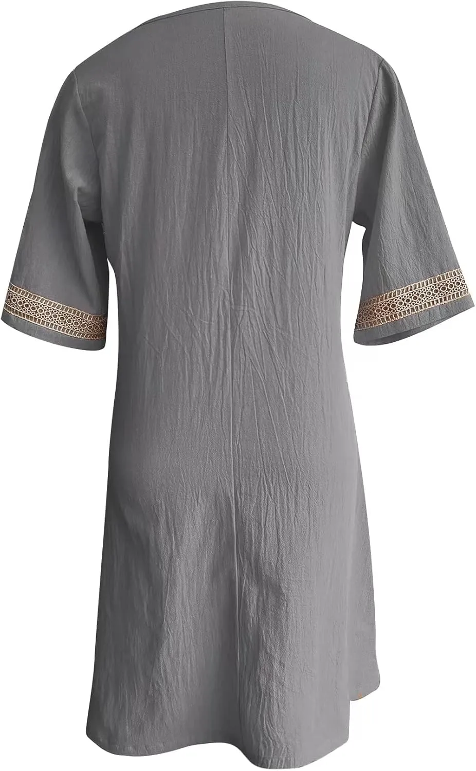 Casual Cotton Linen Dress for Women Summer V Neck Lace Trim Half Sleeve Solid Loose Midi Dress