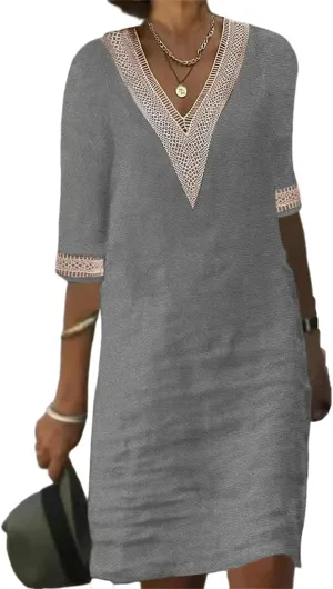 Casual Cotton Linen Dress for Women Summer V Neck Lace Trim Half Sleeve Solid Loose Midi Dress