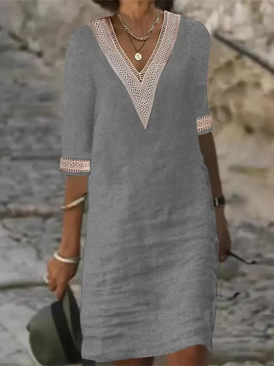 Casual Cotton Linen Dress for Women Summer V Neck Lace Trim Half Sleeve Solid Loose Midi Dress