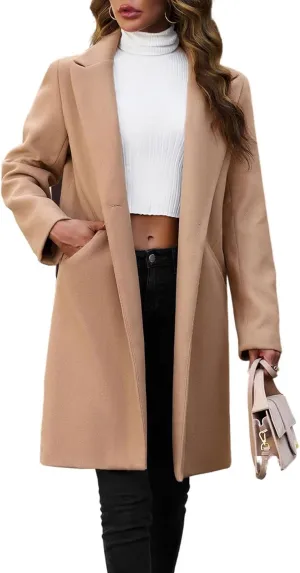 chouyatou Women's Fall Notch Lapel Blazer Wool Coat Office Work Wear Warm Winter Pea Coat