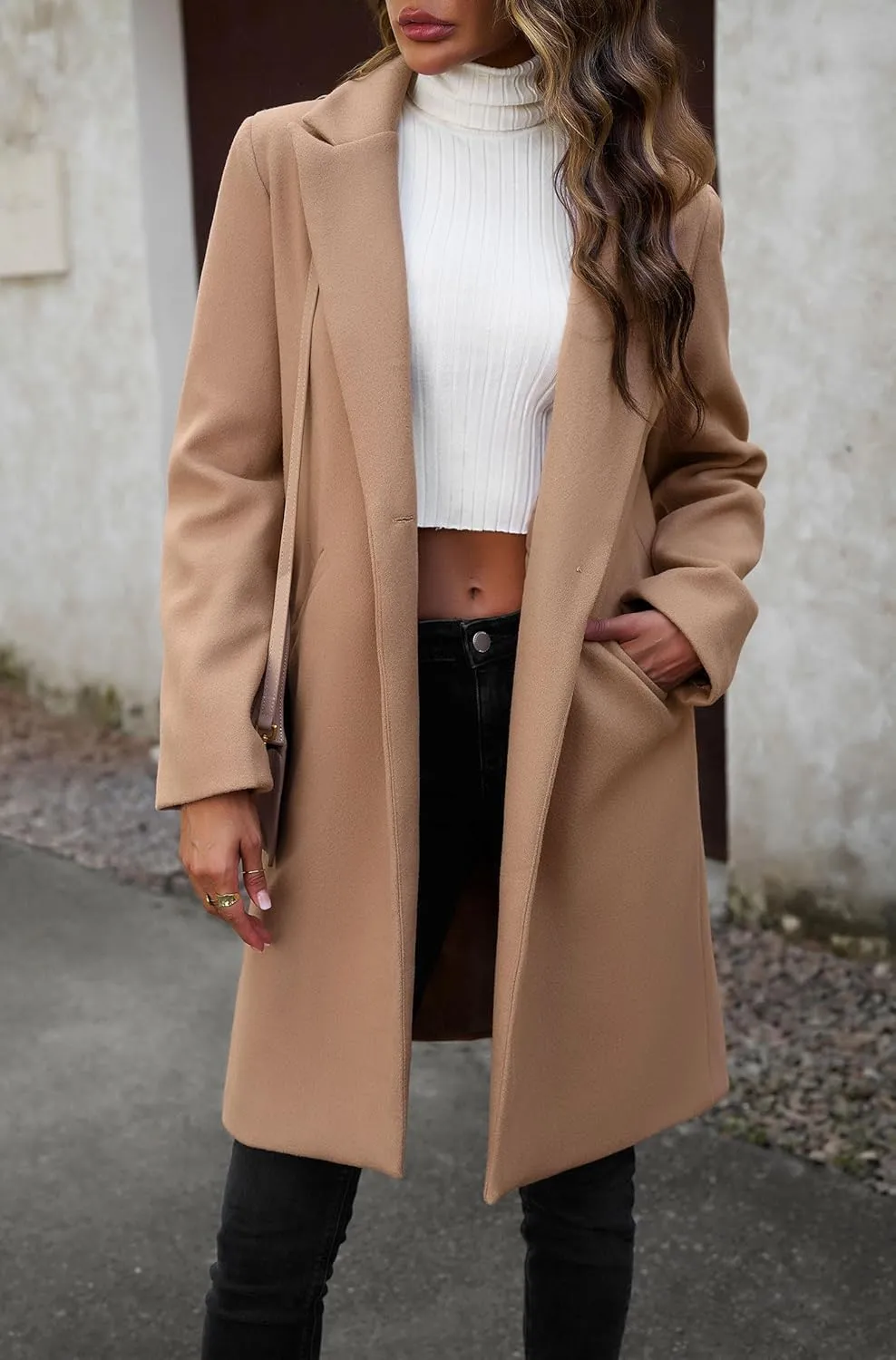chouyatou Women's Fall Notch Lapel Blazer Wool Coat Office Work Wear Warm Winter Pea Coat