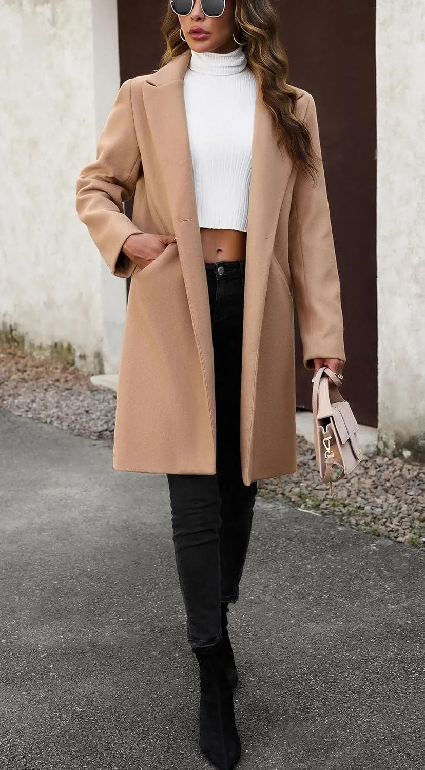 chouyatou Women's Fall Notch Lapel Blazer Wool Coat Office Work Wear Warm Winter Pea Coat