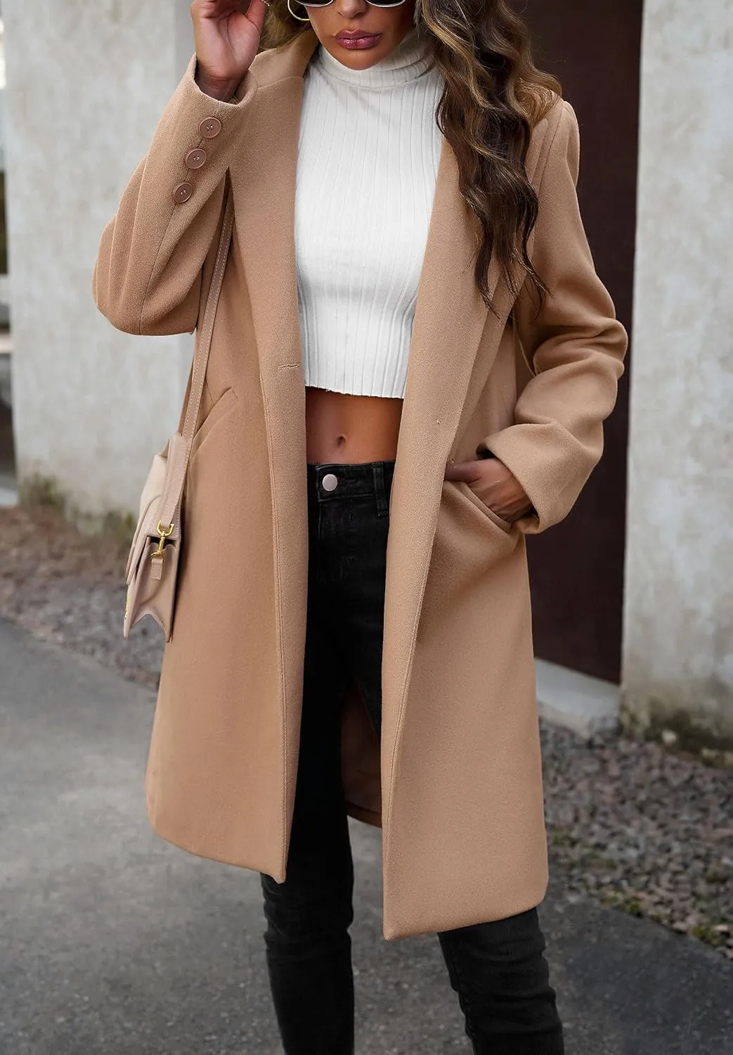 chouyatou Women's Fall Notch Lapel Blazer Wool Coat Office Work Wear Warm Winter Pea Coat