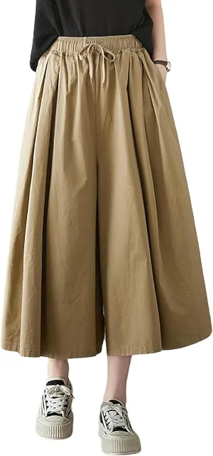 chouyatou Women's Summer Casual Cotton Culottes Pants Drawstring Wide Leg Capri Palazzo Pants