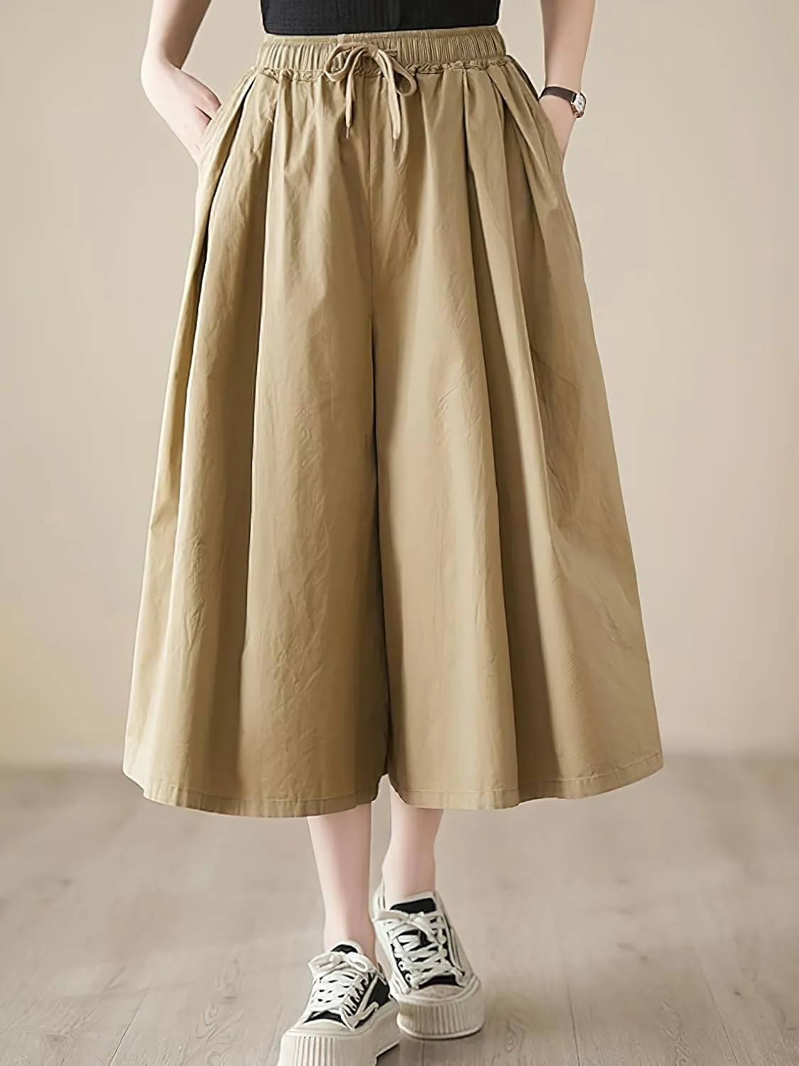 chouyatou Women's Summer Casual Cotton Culottes Pants Drawstring Wide Leg Capri Palazzo Pants
