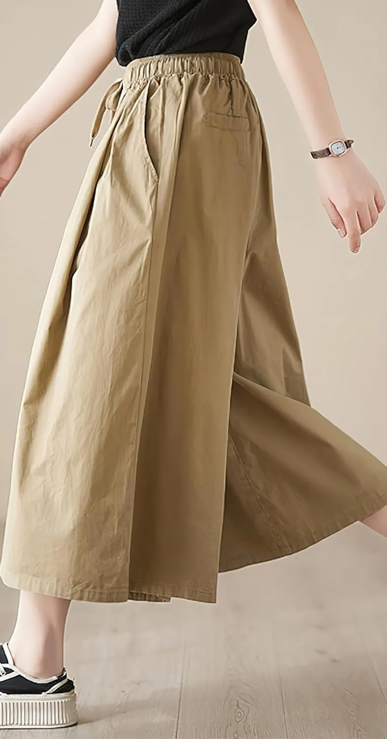 chouyatou Women's Summer Casual Cotton Culottes Pants Drawstring Wide Leg Capri Palazzo Pants