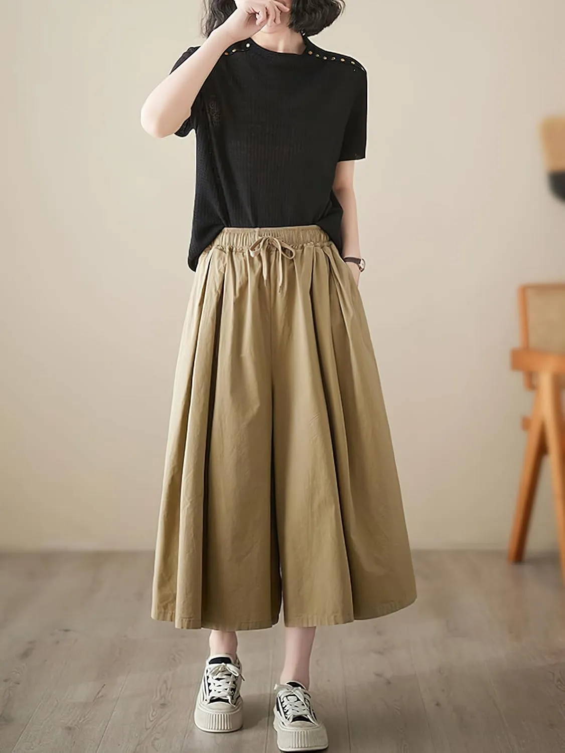 chouyatou Women's Summer Casual Cotton Culottes Pants Drawstring Wide Leg Capri Palazzo Pants