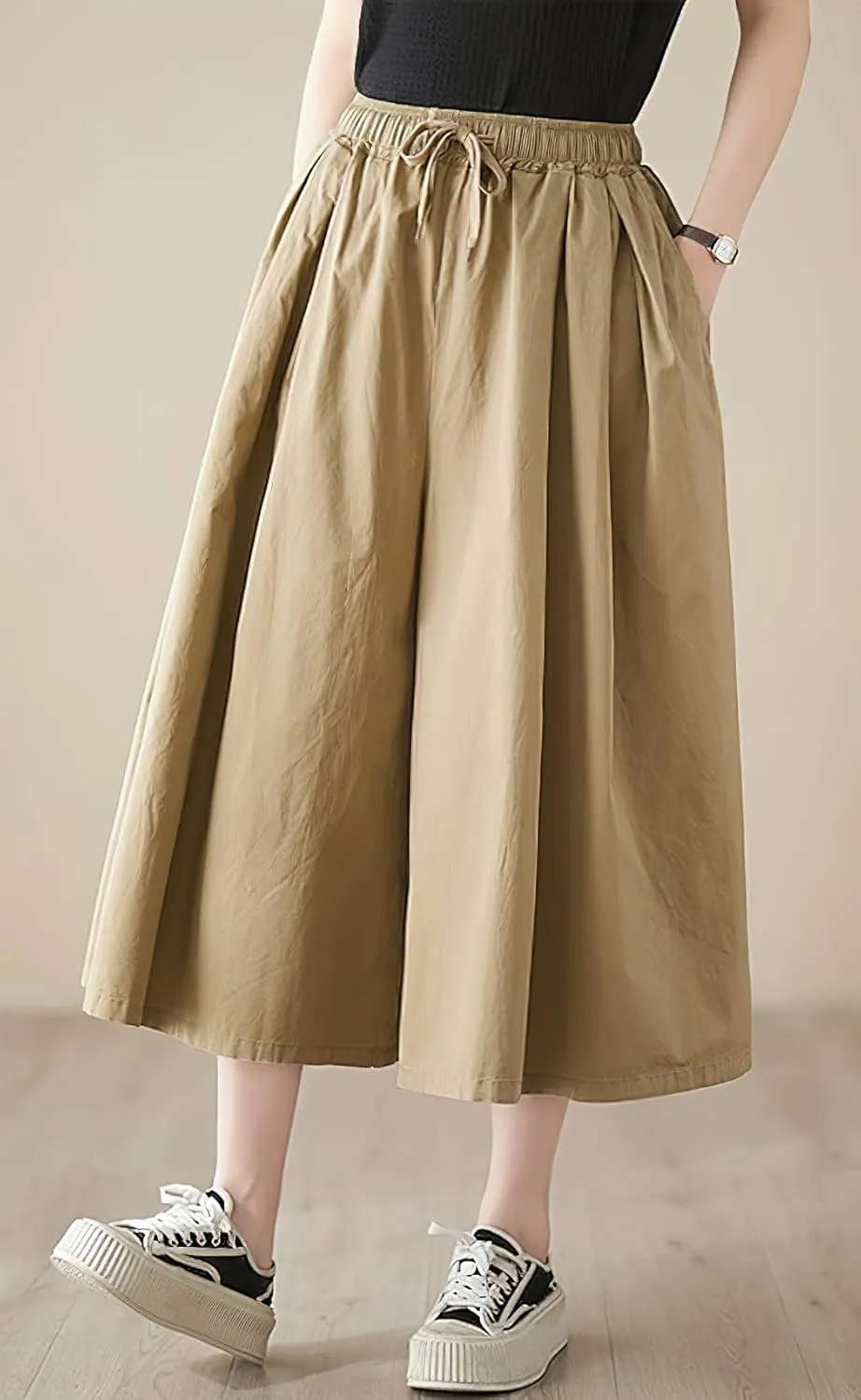 chouyatou Women's Summer Casual Cotton Culottes Pants Drawstring Wide Leg Capri Palazzo Pants
