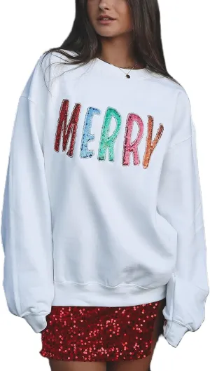Christmas Sequin Sweatshirts for Women Merry and Bright Letters Pullovers Xmas Long Sleeve Colorful Sweatshirt Tops