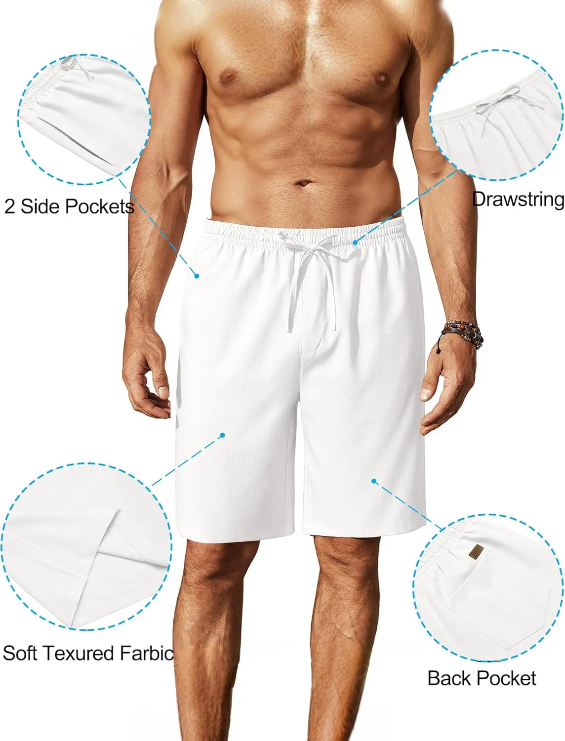 COOFANDY Mens Linen Shorts 9" Elastic Waist Drawstring Casual Shorts Lightweight Summer Beach Shorts