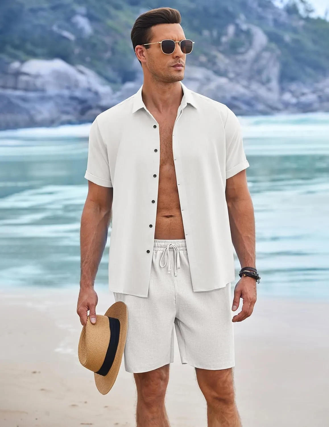 COOFANDY Mens Linen Shorts 9" Elastic Waist Drawstring Casual Shorts Lightweight Summer Beach Shorts