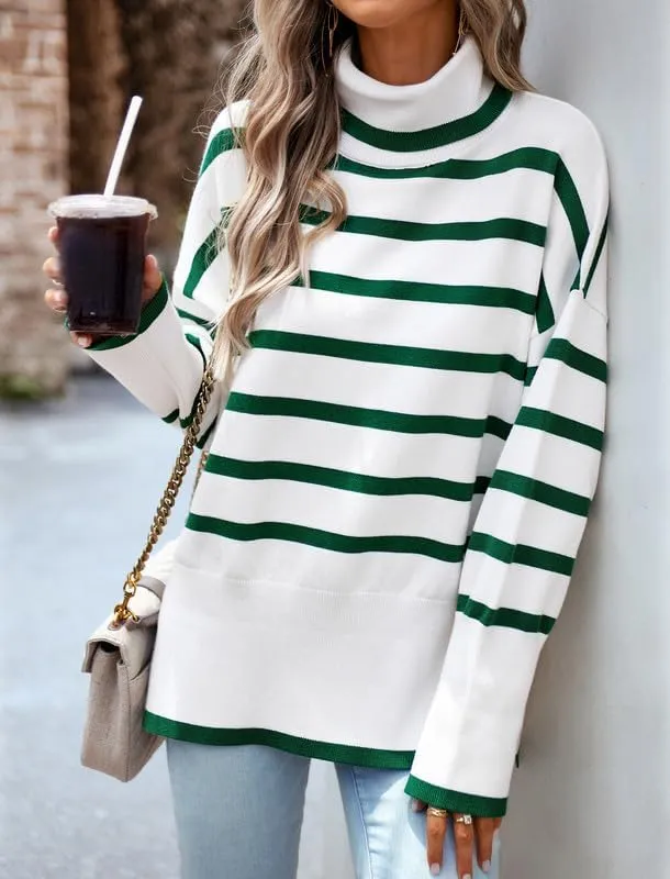 CORIRESHA Women's Oversized Striped Sweater Turtleneck Long Sleeve Split Casual Tunic Thick Knit Pullover