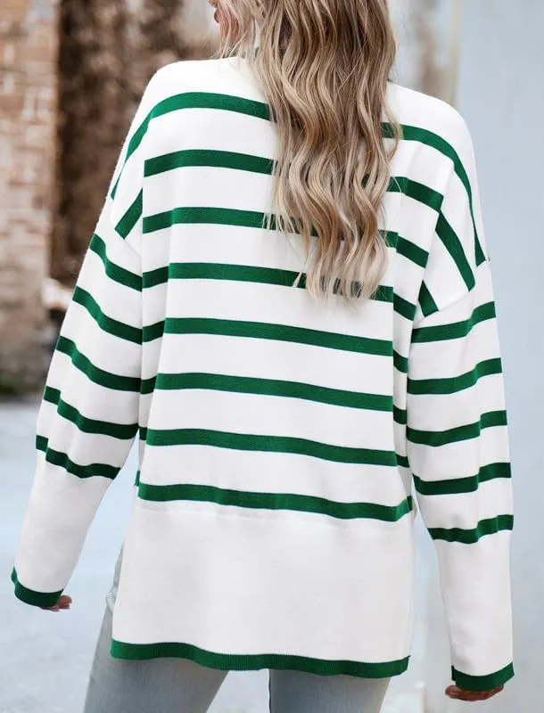 CORIRESHA Women's Oversized Striped Sweater Turtleneck Long Sleeve Split Casual Tunic Thick Knit Pullover