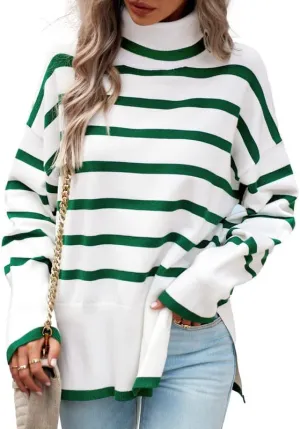 CORIRESHA Women's Oversized Striped Sweater Turtleneck Long Sleeve Split Casual Tunic Thick Knit Pullover