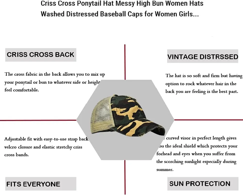 Criss Cross Ponytail Hat Washed Distressed Mesh Womens Baseball Cap Dad Hat Ponytail Hat for Women