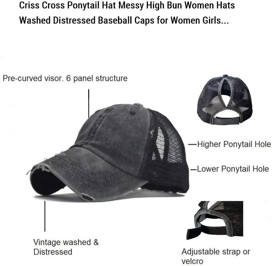 Criss Cross Ponytail Hat Washed Distressed Mesh Womens Baseball Cap Dad Hat Ponytail Hat for Women