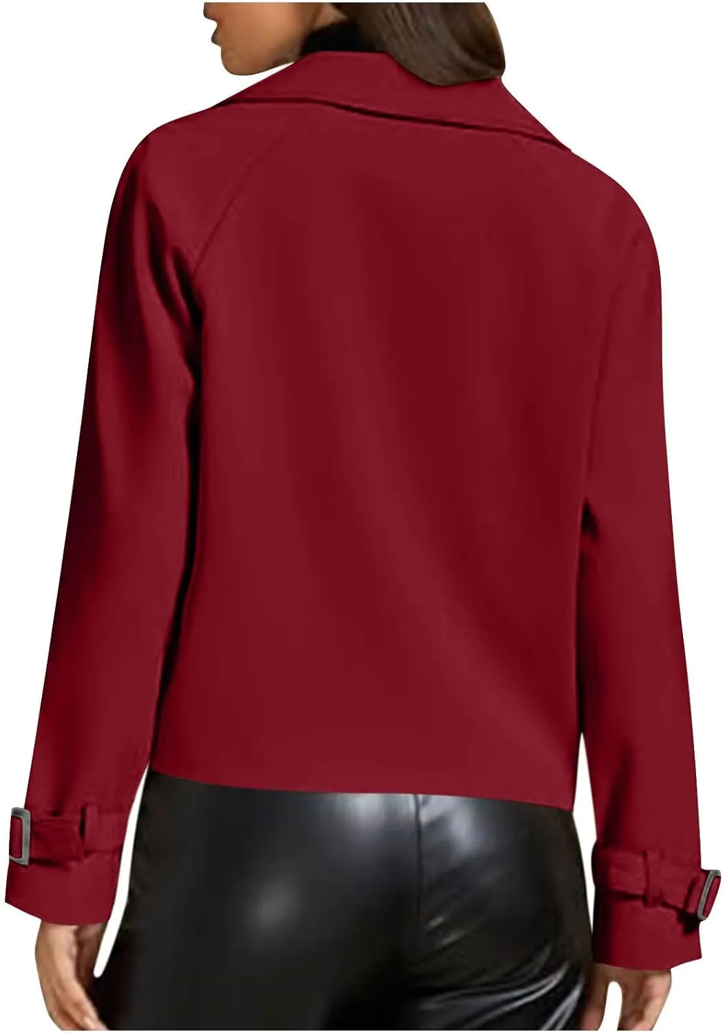 Cropped Trench Coat for Women Long Sleeve Double Breasted Notched Lapel Casual Loose Fit Jackets with Pockets Fall