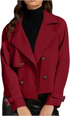 Cropped Trench Coat for Women Long Sleeve Double Breasted Notched Lapel Casual Loose Fit Jackets with Pockets Fall