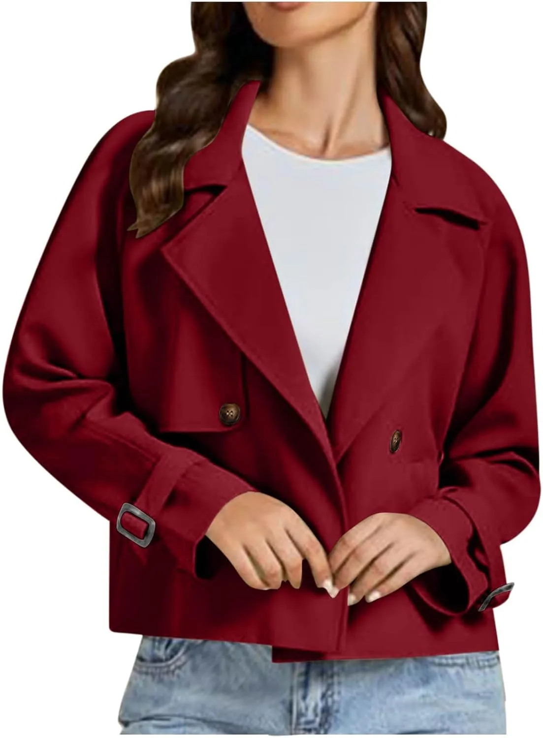 Cropped Trench Coat for Women Long Sleeve Double Breasted Notched Lapel Casual Loose Fit Jackets with Pockets Fall